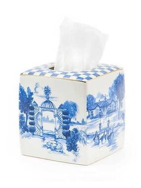 MacKenzie-Childs Royal Toile Ceramic Tissue Box Cover Royal Check Blue White
